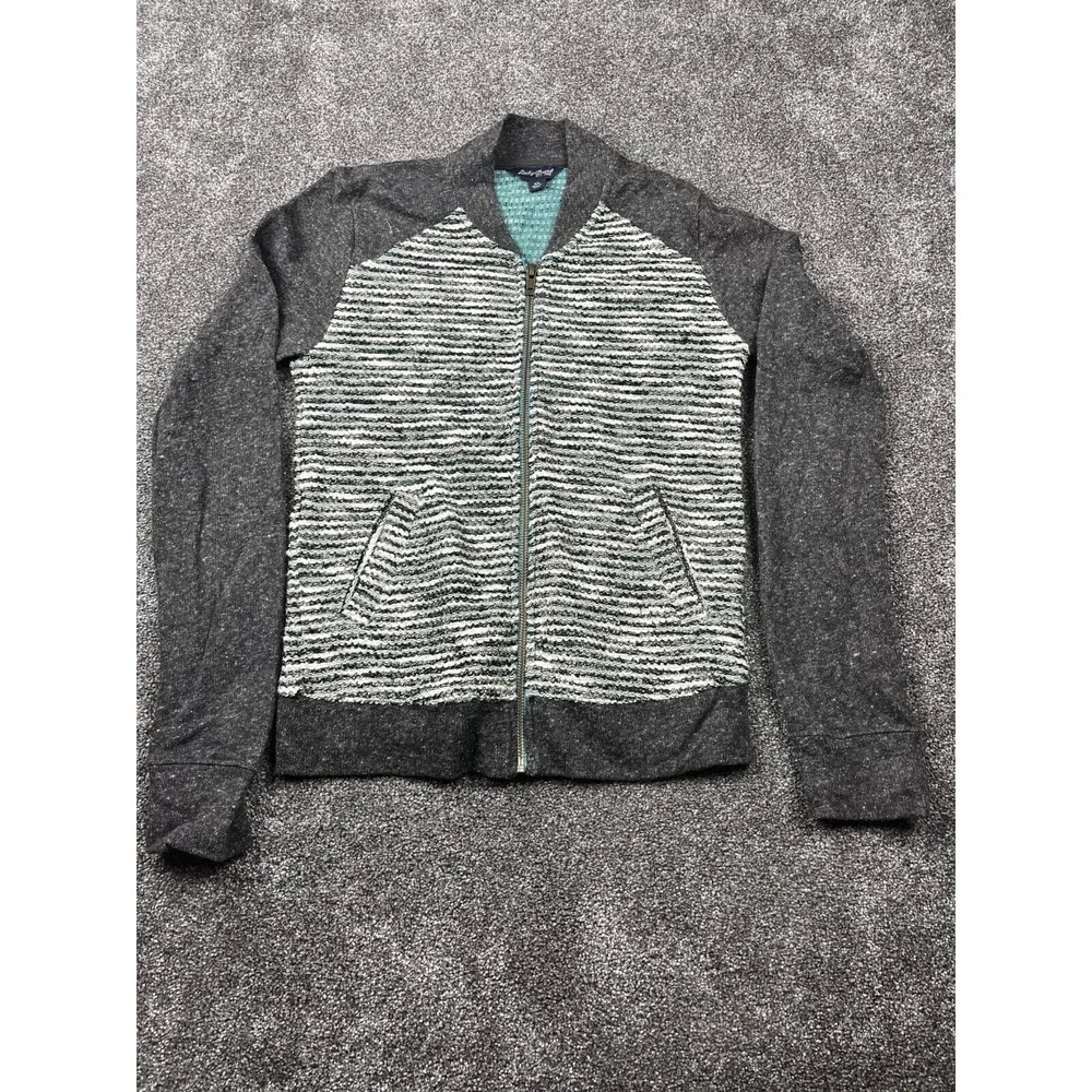 Lucky Brand‎ Sweater Womens XS Knit Boucle Stripe Full Zip Jacket Black & Gray